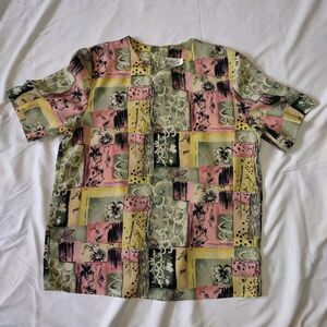 5/$25 EUC Sz Med Blouse Short Sleeve Color Block Floral Pink Green Yellow